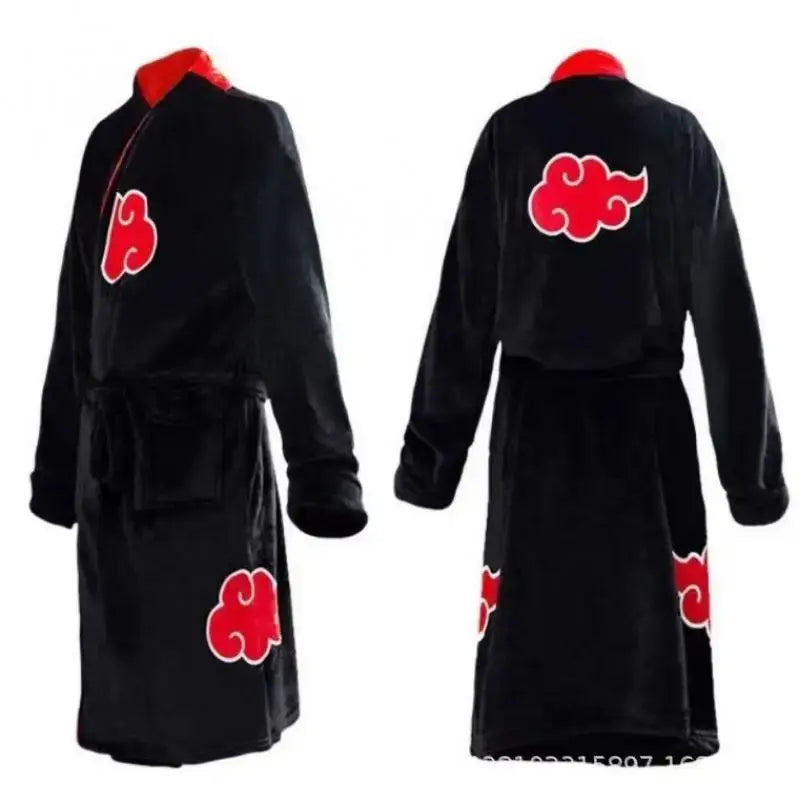 A thick flannel Naruto Akatsuki Robe featuring red clouds and Uchiha Itachi anime styling, designed as a thermal winter bathgown for young adults.