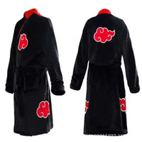 A thick flannel Naruto Akatsuki Robe featuring red clouds and Uchiha Itachi anime styling, designed as a thermal winter bathgown for young adults.