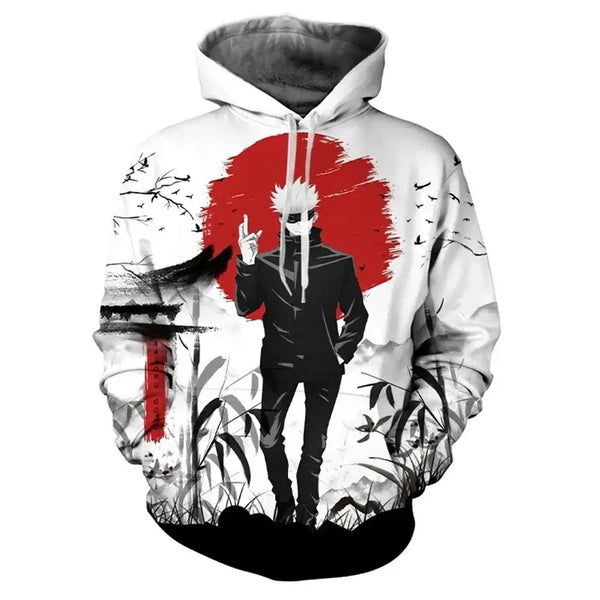 Men's Jujutsu Kaisen Satoru Gojo Hoodie with a vibrant 3D print pattern, perfect anime and manga fashion pullover sweatshirt.