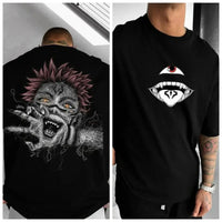 Jujutsu Kaisen Sukuna Graphic T-Shirt featuring bold design on black oversized anime tee by MINISO.