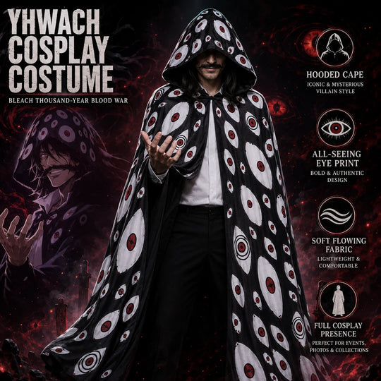 Yhwach BLEACH TYBW Cosplay Cloak featuring eye print design, hooded cape, and lightweight fabric for cosplay and events.