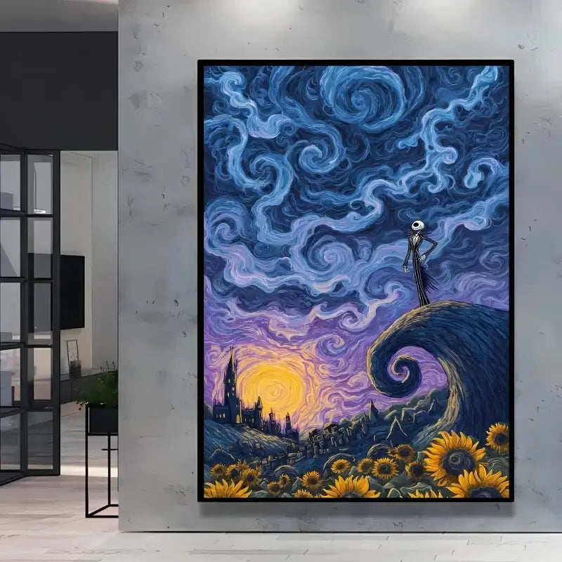 A stunning Van Gogh Pokemon Wall Art piece featuring Pikachu painted in a Starry Night impressionist style for unique home decoration.