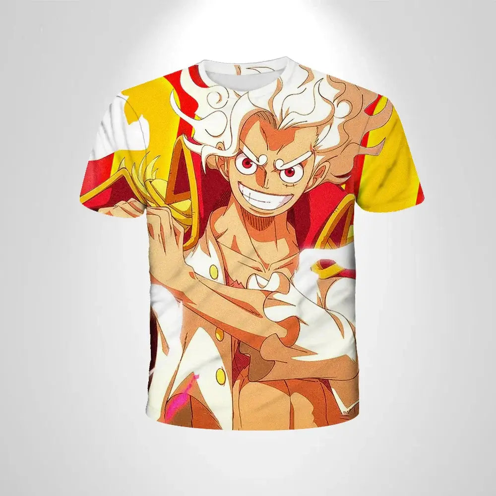 A black loose-fit One Piece Luffy T-shirt featuring a cartoon cosplay graphic of Monkey D. Luffy for men and boys.