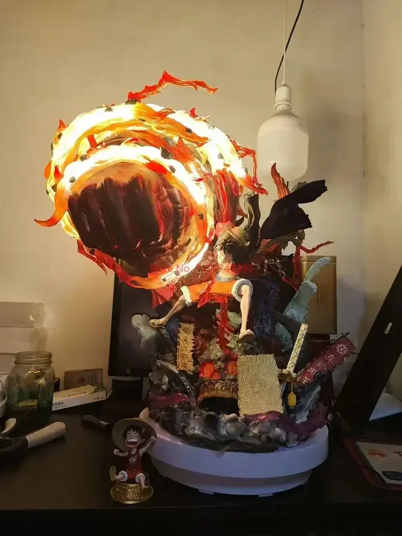 A dynamic Luffy Gear 3 Figure made of PVC, featuring glowing LED Red Roc fire effects, designed as a GK anime collectible statue.