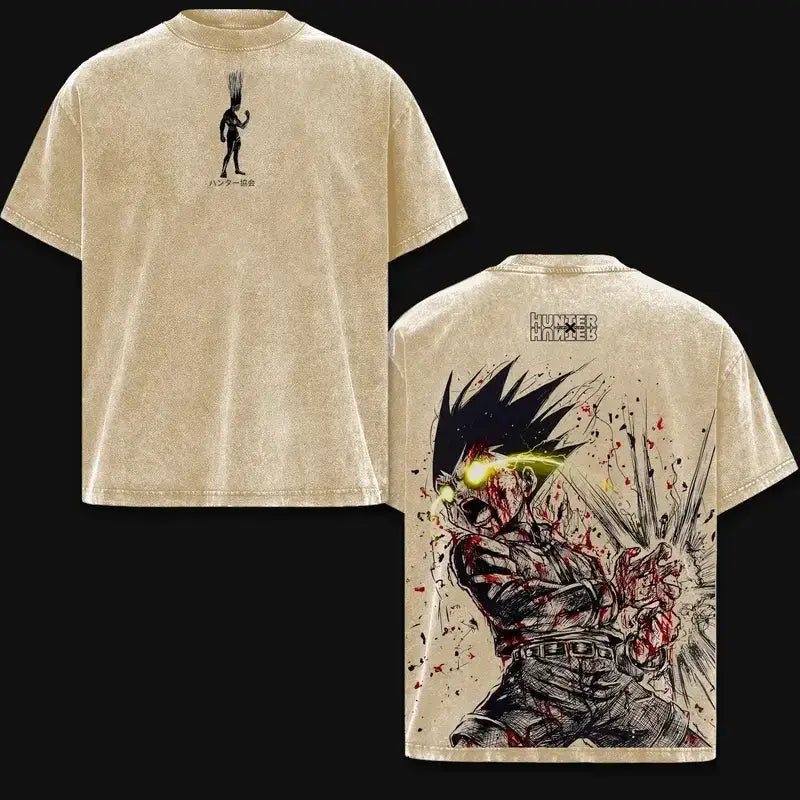 Gon Freecss Hunter x Hunter Manga Washed T-Shirt close-up showing printed artwork and washed fabric appearance
