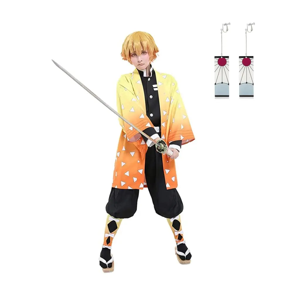 A complete Zenitsu Cosplay Costume featuring the yellow triangle-patterned haori, black uniform, and blonde wig for Halloween.