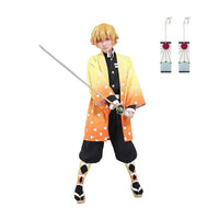A complete Zenitsu Cosplay Costume featuring the yellow triangle-patterned haori, black uniform, and blonde wig for Halloween.