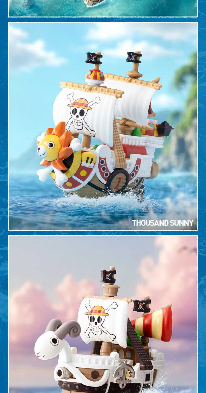 A Pop Mart One Piece Vehicles blind box packaging containing a surprise Grand Line Series ship figure for home decoration.