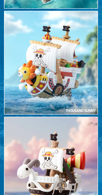 A Pop Mart One Piece Vehicles blind box packaging containing a surprise Grand Line Series ship figure for home decoration.