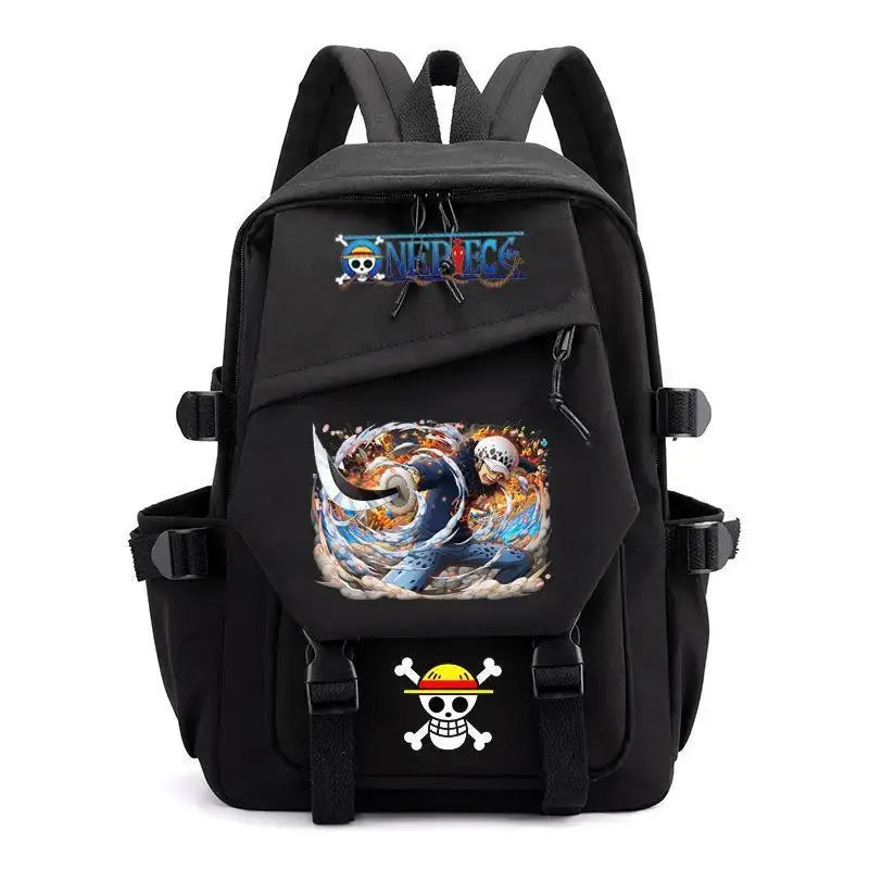 A lightweight canvas One Piece Backpack featuring kawaii anime characters, suitable for school, travel, and carrying a laptop computer.
