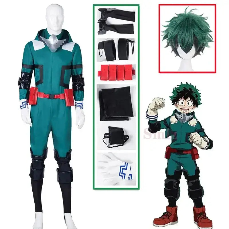 A complete unisex Anime My Hero Academia Midoriya Izuku Deku Battle Cosplay Costume set, with the green Halloween wig hair.