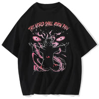 A men's retro washed 100% cotton Anime Pain Printed T Shirt in a Harajuku streetwear hip hop style.