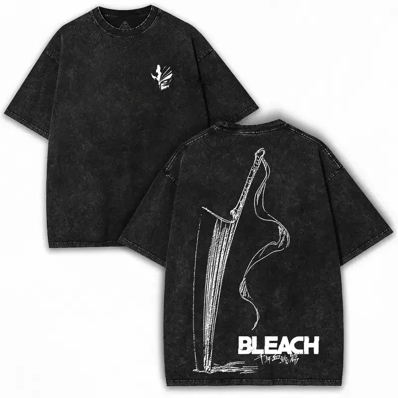 Bleach T-Shirt Vintage Washed Anime Streetwear oversized nylon-cotton blend Y2K hip-hop Bleach anime graphic washed finish applique unisex S to XXXL front view