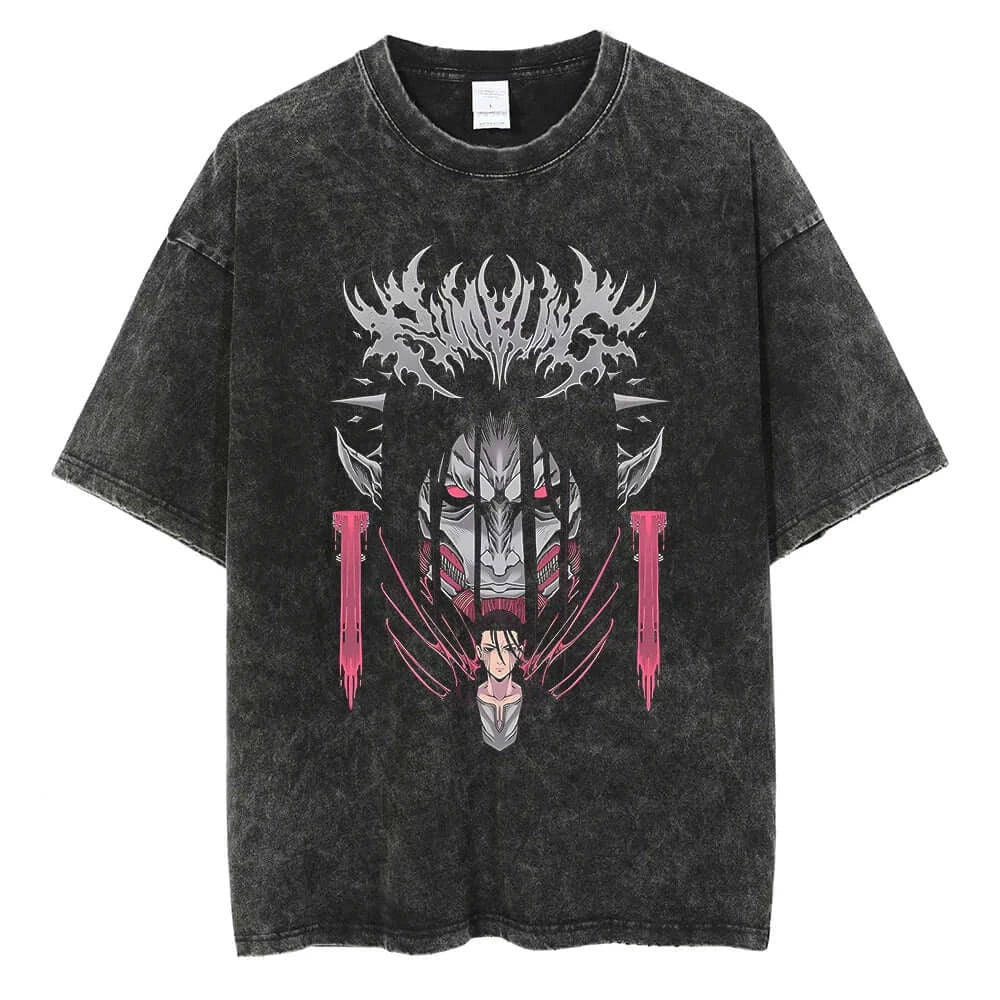 A vintage-washed Eren Jaeger T-Shirt featuring a gritty Attack on Titan manga graphic, styled as oversized Harajuku streetwear for men and women.
