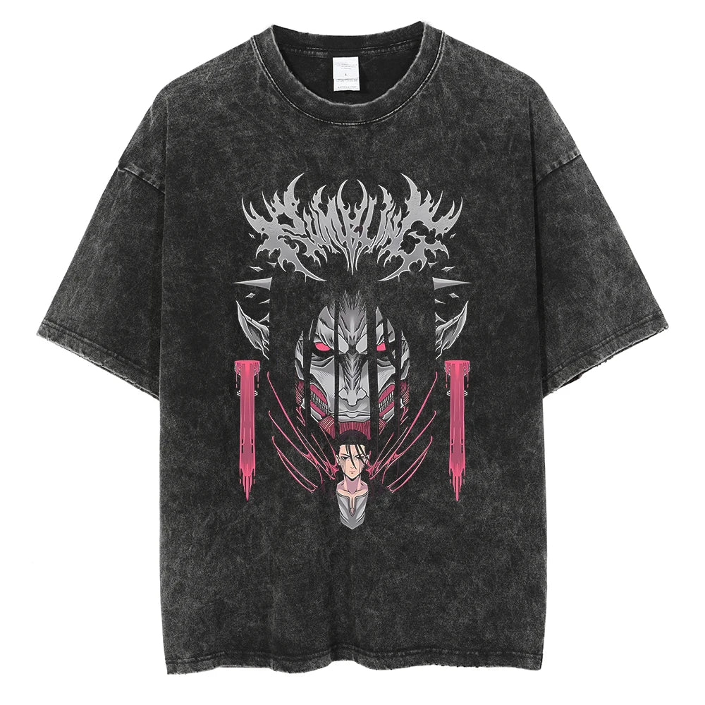 A vintage-washed Eren Jaeger T-Shirt featuring a gritty Attack on Titan manga graphic, styled as oversized Harajuku streetwear for men and women.