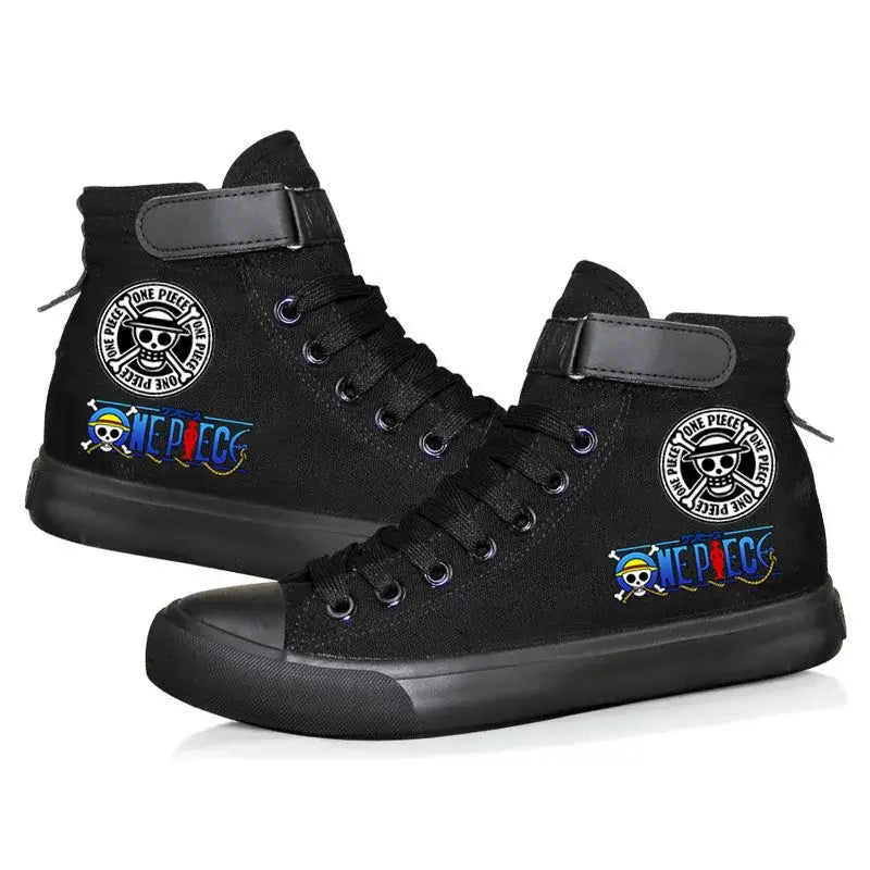 Trendy One Piece Luffy High Top Shoes featuring anime character art, designed as breathable non-slip leisure sports sneakers for students.
