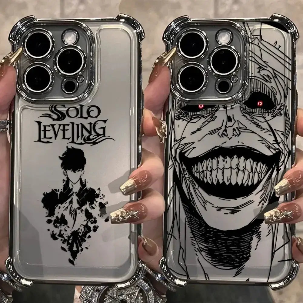 A luxury Solo Leveling Plating Case featuring Sung Jinwoo art with electroplated edges and anti-fall airbag corners for Apple iPhone 16 and 15.