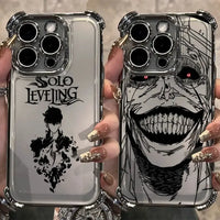 A luxury Solo Leveling Plating Case featuring Sung Jinwoo art with electroplated edges and anti-fall airbag corners for Apple iPhone 16 and 15.