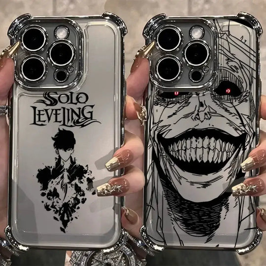 A luxury Solo Leveling Plating Case featuring Sung Jinwoo art with electroplated edges and anti-fall airbag corners for Apple iPhone 16 and 15.