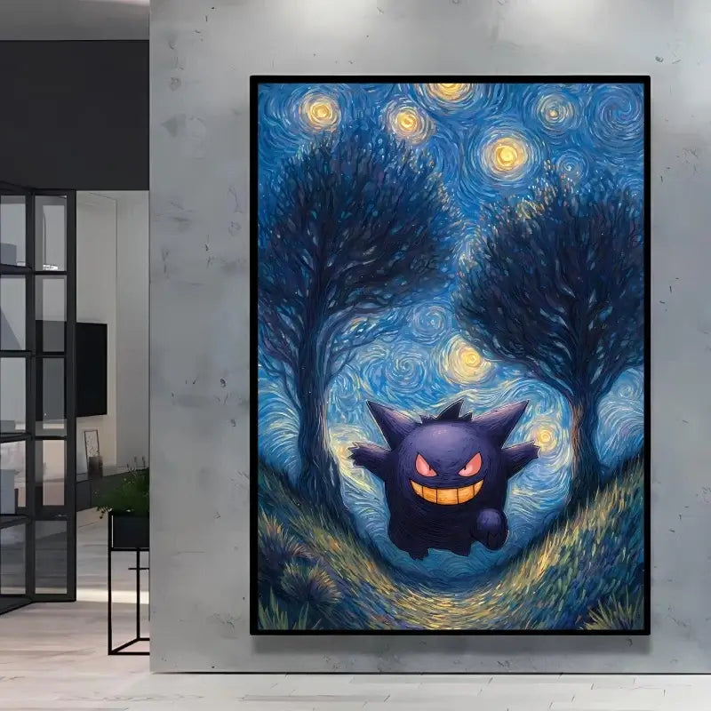 A stunning Van Gogh Pokemon Wall Art piece featuring Pikachu painted in a Starry Night impressionist style for unique home decoration.