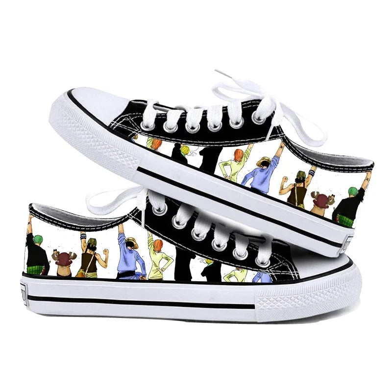 One Piece Anime Low Top Canvas Sneakers flat lay pair printed anime canvas couple birthday gift