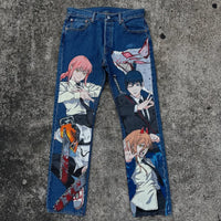 Cartoon Print Jeans featuring vibrant anime characters on Harajuku wide leg denim, perfect for street style.
