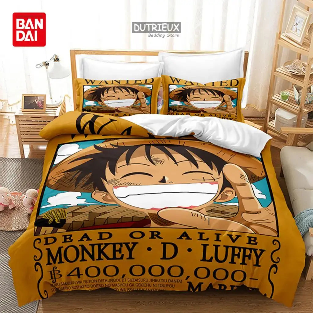A Bandai One Piece Bedding Set featuring Monkey D. Luffy on a duvet cover and pillowcases, designed for anime bedroom decoration.
