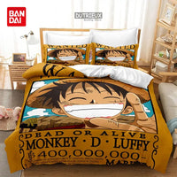 A Bandai One Piece Bedding Set featuring Monkey D. Luffy on a duvet cover and pillowcases, designed for anime bedroom decoration.