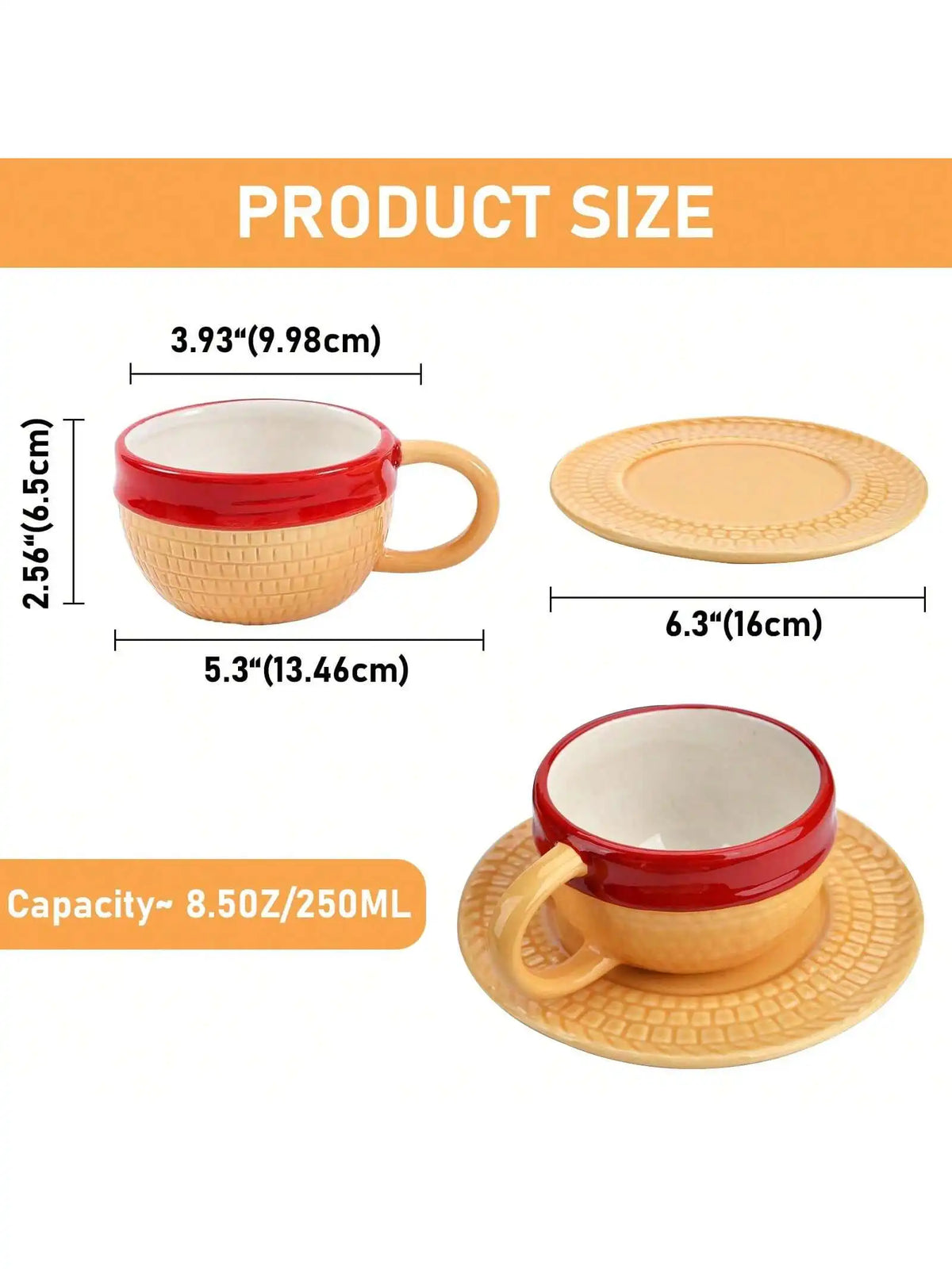 Luffy Ace Sabo Chopper Mug One Piece Ceramic product size dimensions with saucer and capacity details.