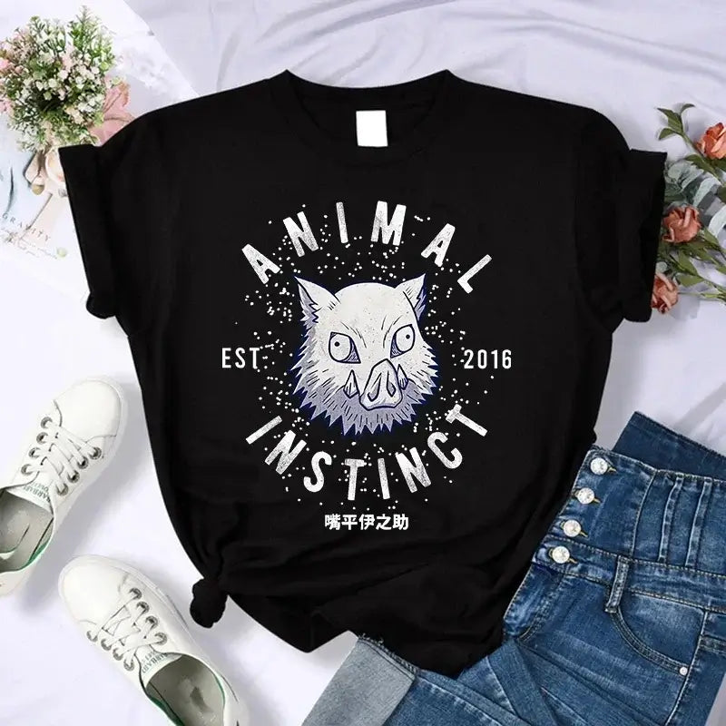 A Demon Slayer T Shirt for Women, a female Kimetsu No Yaiba graphic tee with a Nezuko and Tanjirou Kamado print.