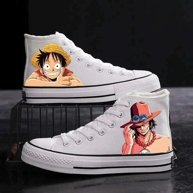 Trendy One Piece Canvas Shoes featuring colorful graffiti art of Luffy, Zoro, and Portgas D. Ace for casual men's and women's fashion.