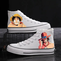 Trendy One Piece Canvas Shoes featuring colorful graffiti art of Luffy, Zoro, and Portgas D. Ace for casual men's and women's fashion.