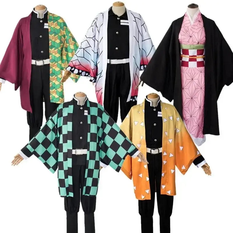 Kids wearing various outfits from the New Demon Slayer Cosplay collection, showcasing Tanjiro and Nezuko designs.