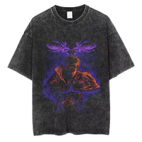 A washed black Naruto Vintage T-Shirt featuring a hip hop style anime print, designed as Harajuku streetwear for men and women.