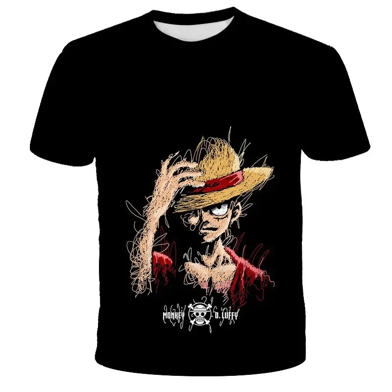 A breathable One Piece Luffy T-shirt featuring a cartoon graphic, designed as a loose-fit casual top for men and boys.