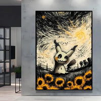 A stunning Van Gogh Pokemon Wall Art piece featuring Pikachu painted in a Starry Night impressionist style for unique home decoration.