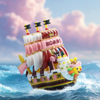 A Pop Mart One Piece Vehicles blind box packaging containing a surprise Grand Line Series ship figure for home decoration.