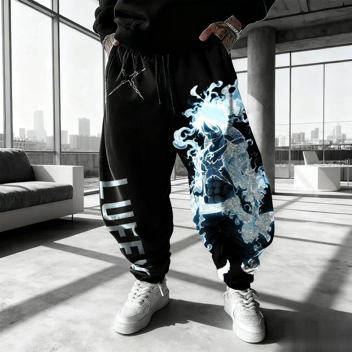 Men's loose One Piece Luffy Sweatpants featuring Y2K anime graphic prints, designed as autumn and winter hip hop trousers for gym and casual wear.