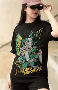 A trendy Deku Streetwear T-Shirt made of 100% cotton, featuring a fire style Izuku Midoriya graphic art for unisex Japanese fashion.