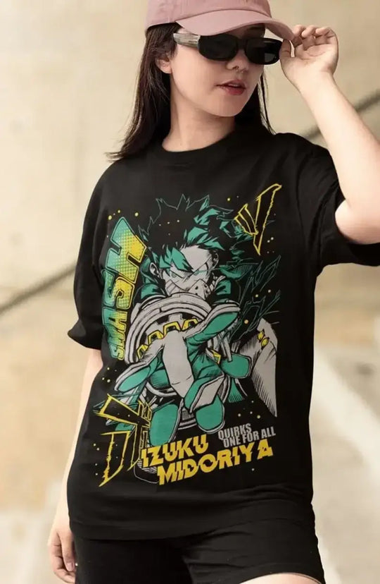 A trendy Deku Streetwear T-Shirt made of 100% cotton, featuring a fire style Izuku Midoriya graphic art for unisex Japanese fashion.