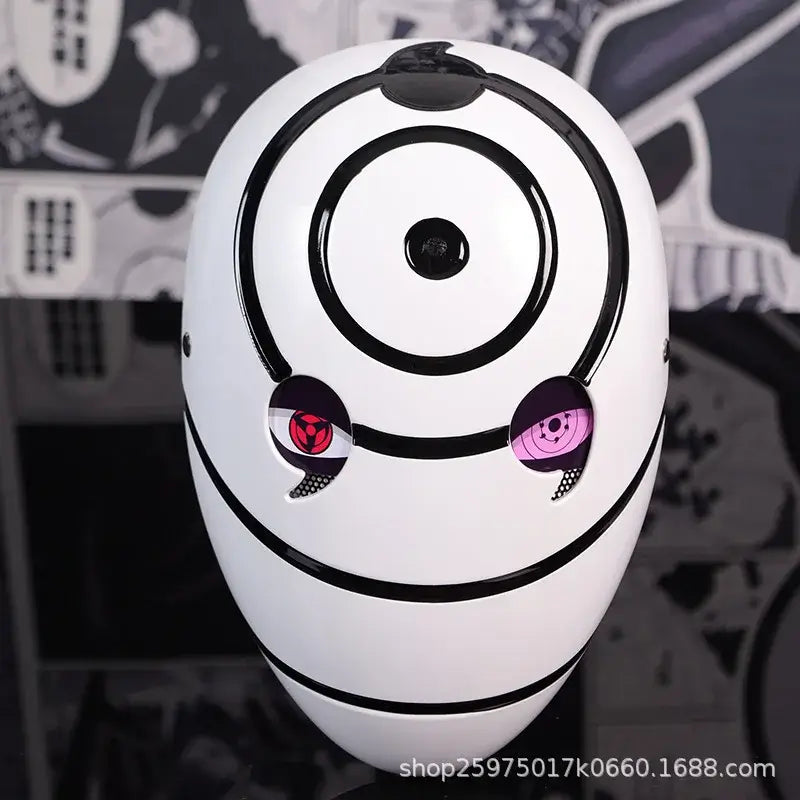 A highly imitative, high-gloss Obito Cosplay Mask featuring the Akatsuki Sharingan design for anime Halloween costumes and conventions.