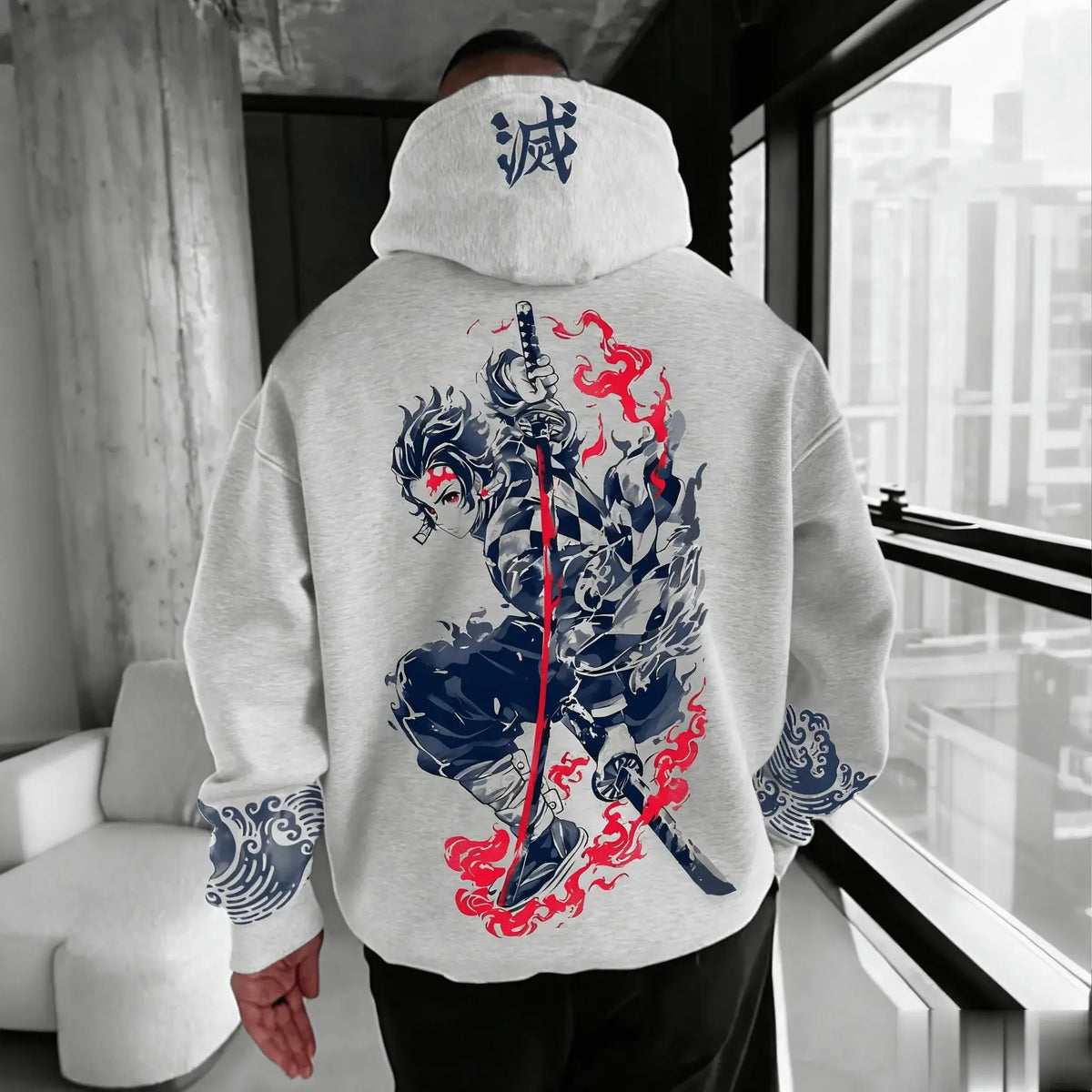 A trendy oversized Demon Slayer Hooded Sweatshirt featuring colorful anime character graphics, designed as casual autumn streetwear for men and women.