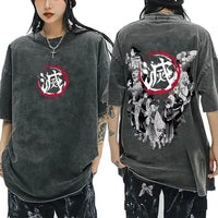 A washed black Demon Slayer Vintage T-Shirt made of 100% cotton, featuring an oversized cartoon anime graphic for men and women.