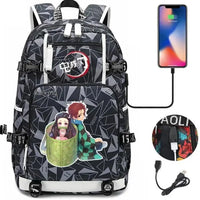 A pink and black Nezuko Demon Slayer Backpack featuring a USB charging port and kawaii anime character art, designed for teen girls and students.