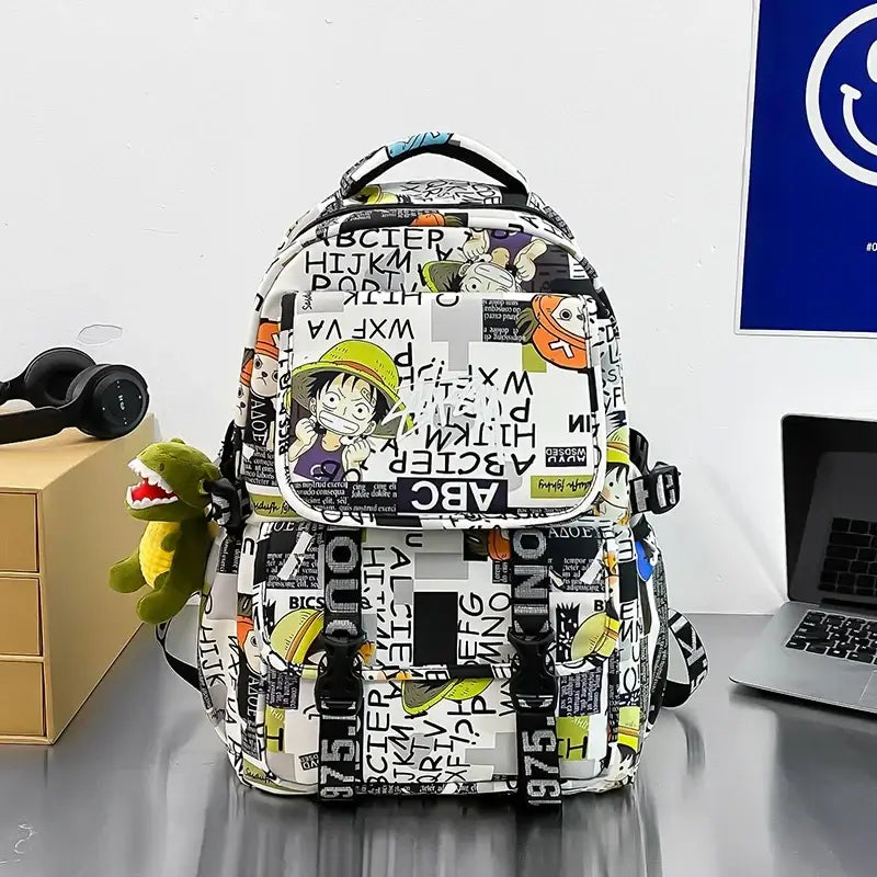 A high-capacity One Piece Luffy Backpack featuring a vibrant graffiti print of Monkey D. Luffy, designed as a durable school bag for middle and high students.
