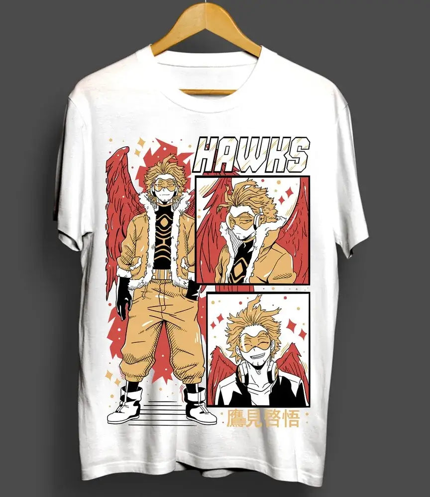 A premium Wing Hero Hawks T-Shirt featuring a dynamic manga graphic of Keigo Takami with fierce red wings, designed for My Hero Academia fans.