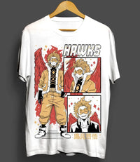A premium Wing Hero Hawks T-Shirt featuring a dynamic manga graphic of Keigo Takami with fierce red wings, designed for My Hero Academia fans.