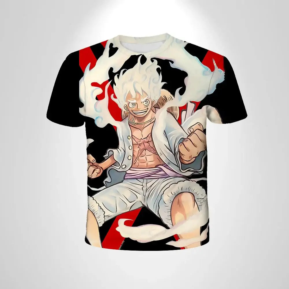 A casual One Piece Luffy T-shirt featuring a cartoon Monkey D. Luffy graphic, designed as a loose, breathable short-sleeve top for men and boys.