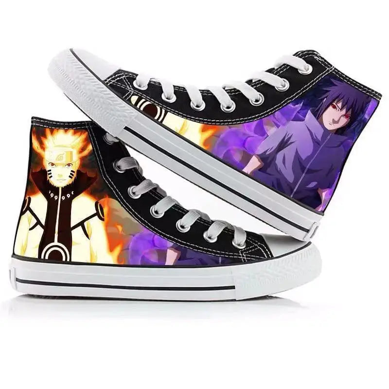Trendy high-top Naruto Canvas Shoes featuring cool graffiti personality prints of Sasuke Uchiha, Itachi, and Kakashi for men and women.
