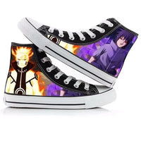 Trendy high-top Naruto Canvas Shoes featuring cool graffiti personality prints of Sasuke Uchiha, Itachi, and Kakashi for men and women.